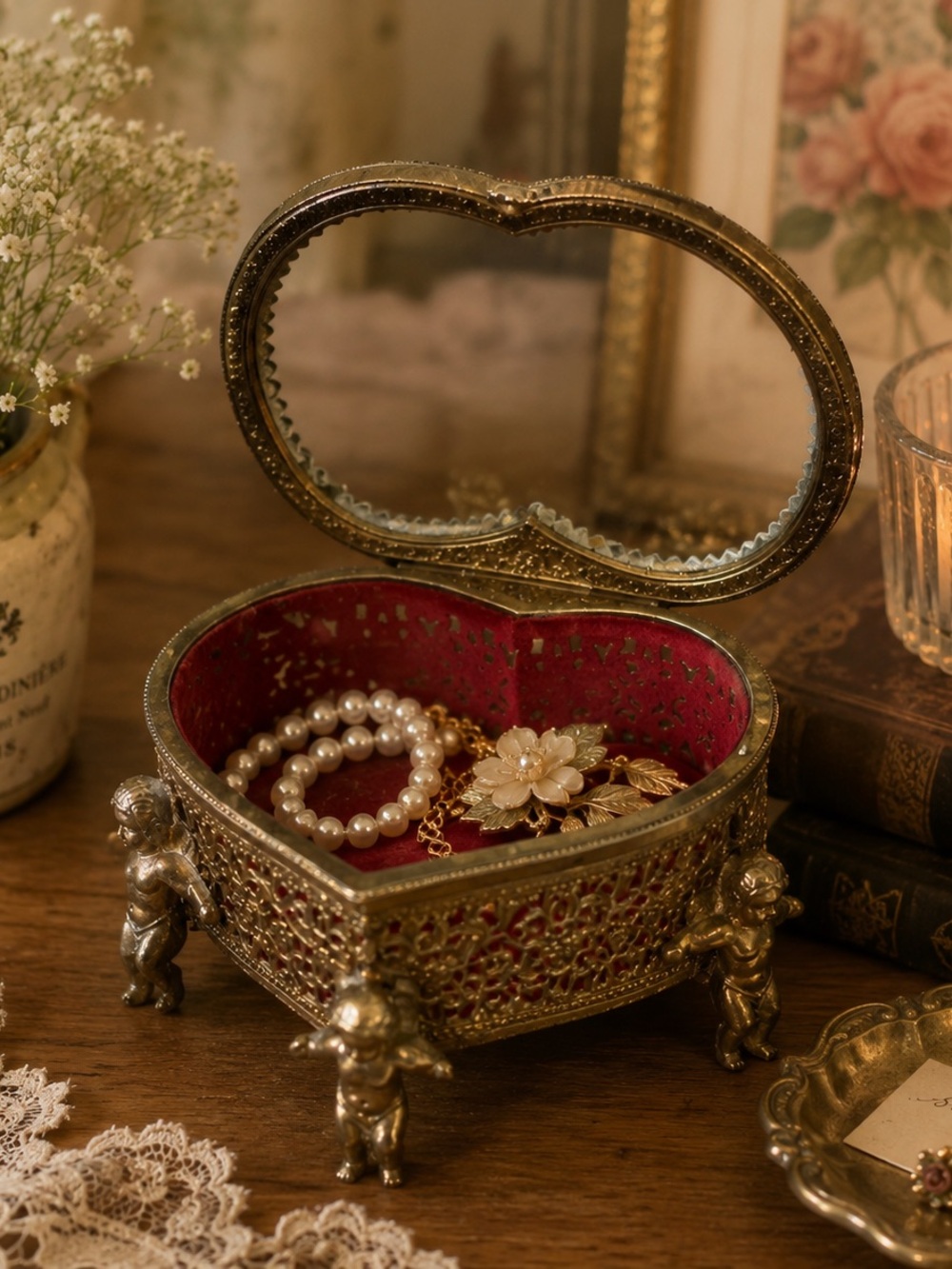 Vintage Heart-Shaped Jewelry brass Casket trinket  with Cherub Feet